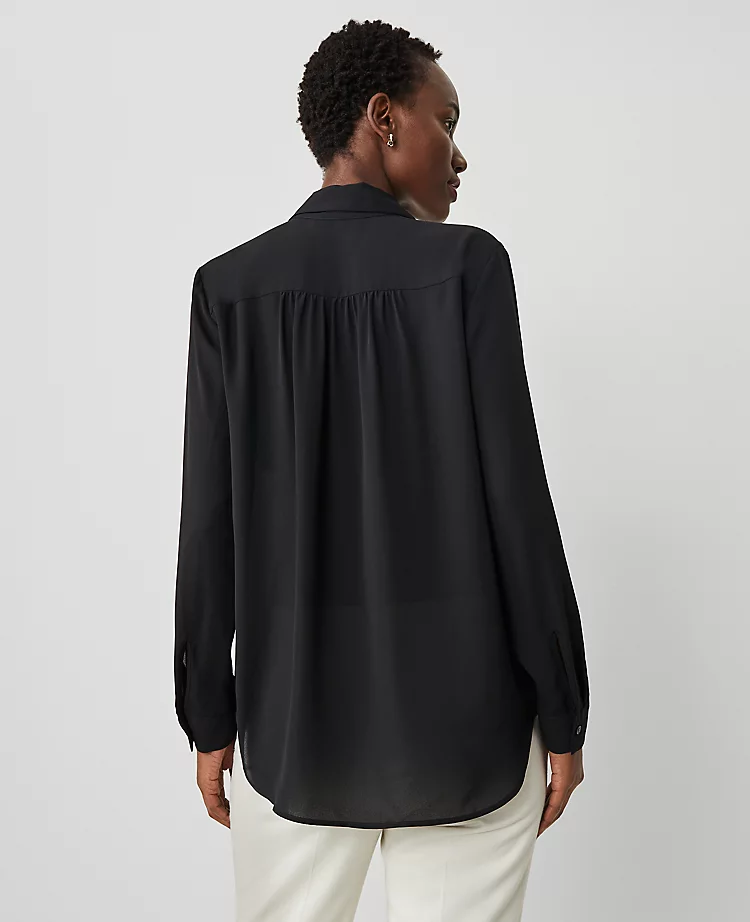 Petite Black Camp Shirt with Hidden Placket and Shirred Detail 2 Petite Black Camp Shirt with Hidden Placket and Shirred Detail - Image 2