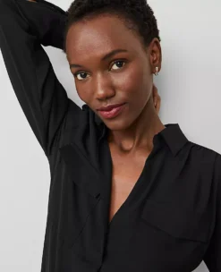 Petite Black Camp Shirt with Hidden Placket and Shirred Detail 5 Petite Black Camp Shirt with Hidden Placket and Shirred Detail -Ann Taylor Store 445586 2222 ALT2