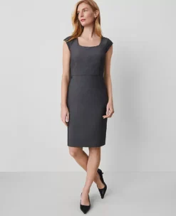 Professional Dark Grey Bi-Stretch Scoop Neck Dress with Pockets
