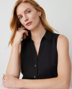Petite Sleeveless Essential Button-Down Shirt in Black -Ann Taylor Store 532594 2222 ALT2