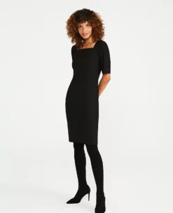 Square Neck Sheath Dress - Black Seasonless Stretch Professional Suit Dress