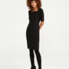 Petite Square Neck Sheath Dress in Seasonless Stretch Core Black