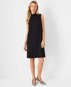 Petite Mock Neck Shift Dress - Black Wrinkle-Resistant Double Knit