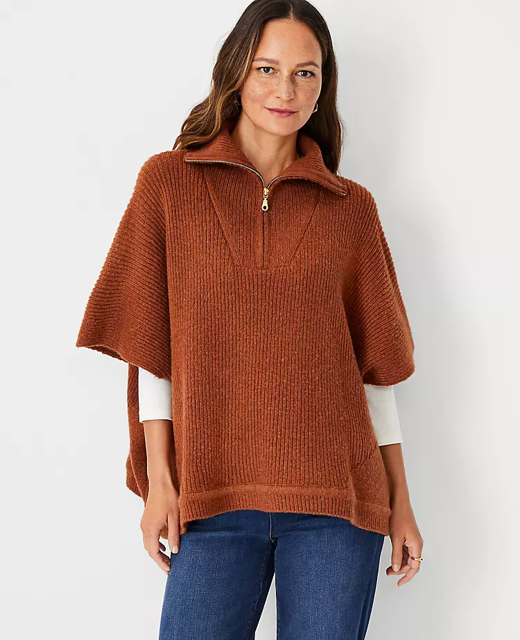 Women's Ribbed Zip Poncho Sweater - Versatile Knit Layer 1 Women's Ribbed Zip Poncho Sweater - Versatile Knit Layer