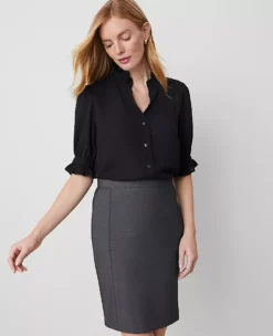 Petite Ruffle Collar Blouse - Elegant Black Short Sleeve Top