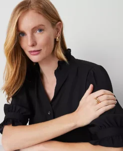 Petite Ruffle Collar Blouse - Elegant Black Short Sleeve Top -Ann Taylor Store 588389 2222 ALT2