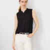 Petite Sleeveless Black Camp Shirt with Mandarin Collar