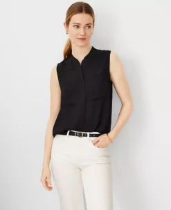 Petite Sleeveless Black Camp Shirt with Mandarin Collar