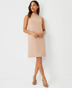 Petite Mock Neck Double Knit Shift Dress in Natural Camel