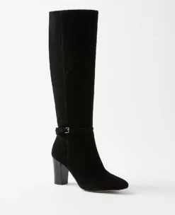 Black Suede High Heel Buckle Boots with Adjustable Side Strap