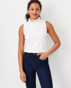 Eyelet Ruffle Mock Neck Shell