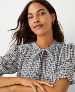 Plaid Tie Neck Puff Sleeve Top 5 Plaid Tie Neck Puff Sleeve Top -Ann Taylor Store 602227 9192 ALT2