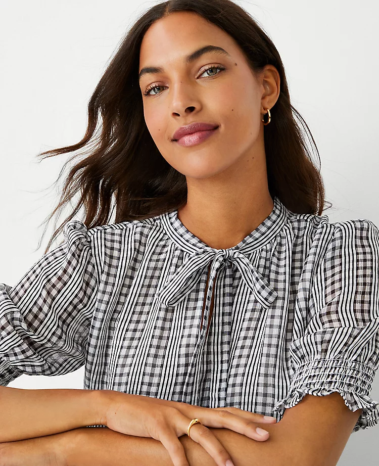 Plaid Tie Neck Puff Sleeve Top 3 Plaid Tie Neck Puff Sleeve Top - Image 3