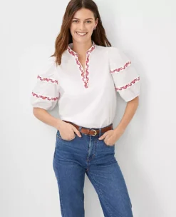 Floral Embroidered Pintucked Sleeve Popover