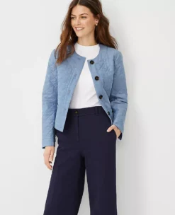 Women's Quilted Cropped Jacket - Cotton Button Front Blazer