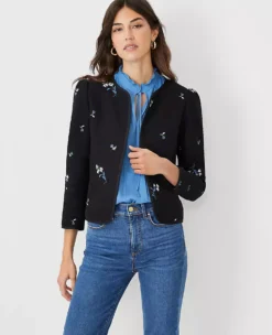 Floral Embroidered Tweed Jacket with Elegant Puff Sleeves