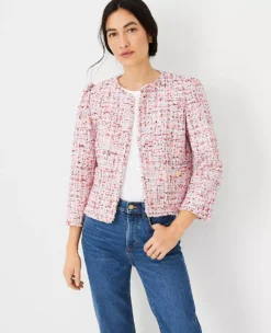 Elegant Fringe Tweed Puff Sleeve Jacket - Cropped Textured Blazer