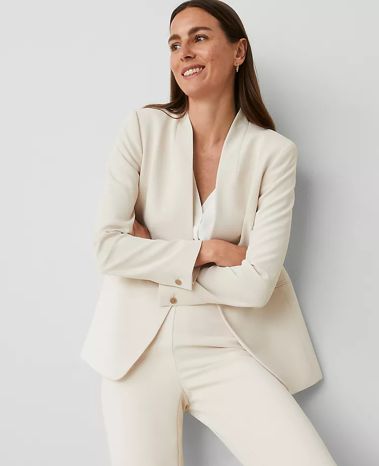 Women's Long Collarless Blazer in Fluid Crepe - Tailored Fit 1 Women's Long Collarless Blazer in Fluid Crepe - Tailored Fit