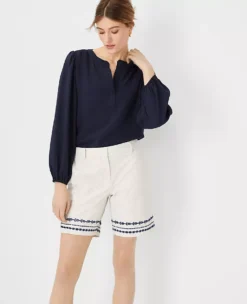 Floral Embroidered Stripe Metro Shorts - Tailored Mid-Thigh Fit