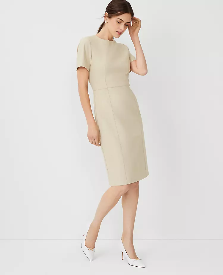 The Short Sleeve Sheath Dress In Bi-Stretch Toasted Oat 1 The Short Sleeve Sheath Dress In Bi-Stretch Toasted Oat