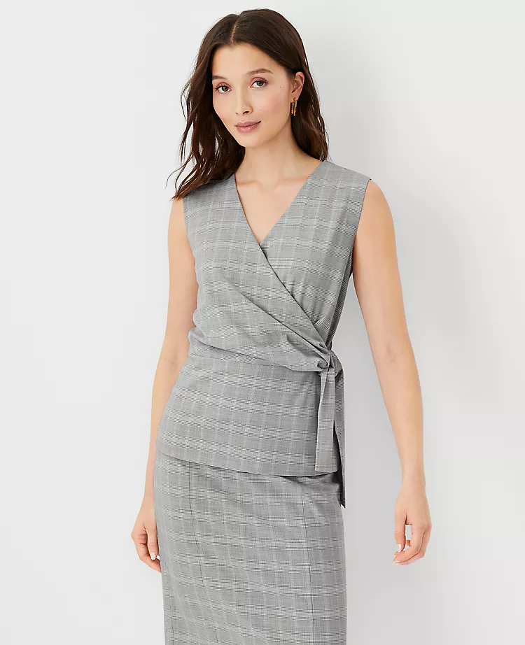 Sleeveless Plaid Wrap Top with Side Tie Waist - Tailored Professional Blouse 1 Sleeveless Plaid Wrap Top with Side Tie Waist - Tailored Professional Blouse