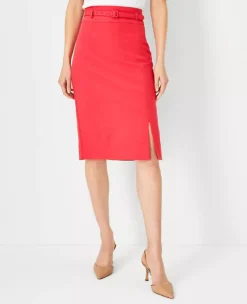 Stretch Cotton Belted Pencil Skirt - Tailored Knee-Length Workwear