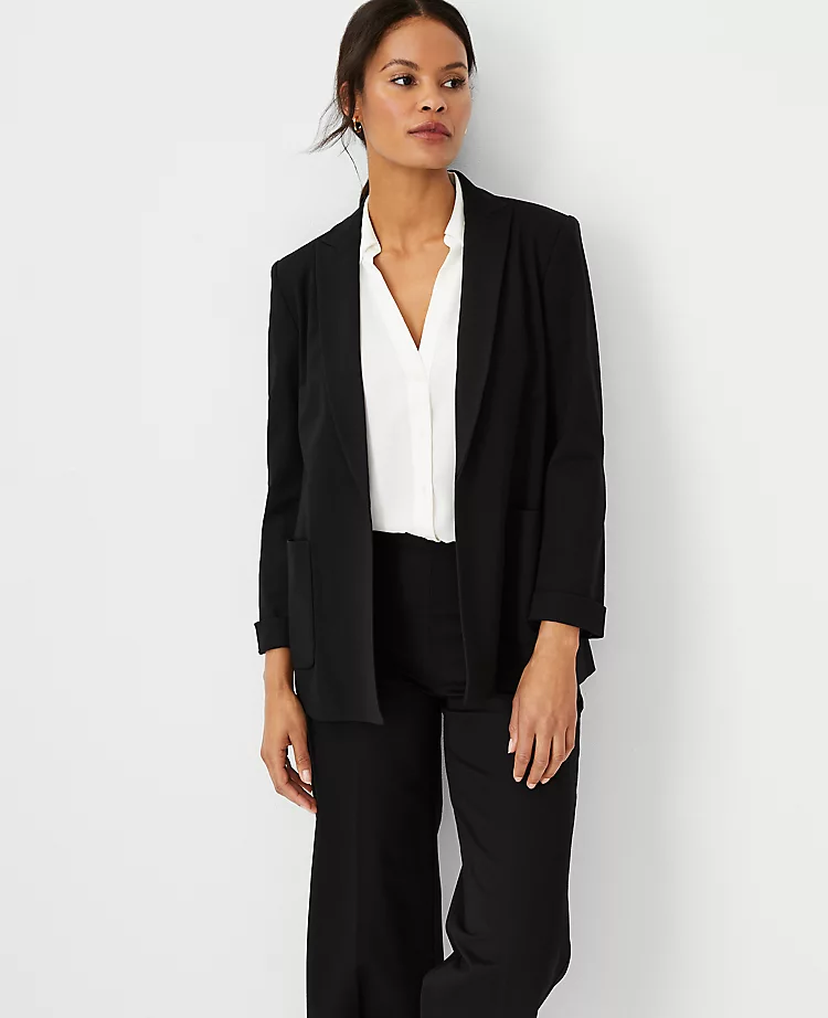 Women's Long Knit Blazer - Tailored Open Front Jacket with Cuffed Sleeves 1 Women's Long Knit Blazer - Tailored Open Front Jacket with Cuffed Sleeves