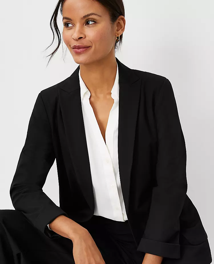 Women's Long Knit Blazer - Tailored Open Front Jacket with Cuffed Sleeves 3 Women's Long Knit Blazer - Tailored Open Front Jacket with Cuffed Sleeves - Image 3