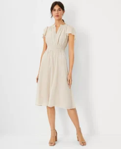 Metallic Stripe Flutter Sleeve Flare Midi Dress