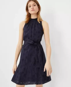 Eyelet Mock Neck Belted Flare Dress -Ann Taylor Store 604514 1362 ALT2