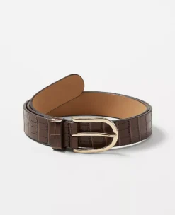 Embossed Leather Belt with Brushed Oval Buckle - 1.25 Inch Width