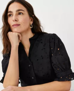 Eyelet Ruffle Button Top