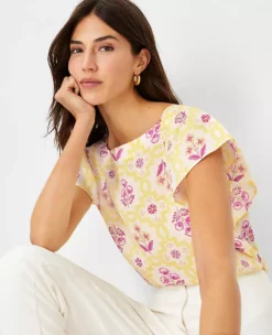 Tile Print Flutter Sleeve Square Neck Top
