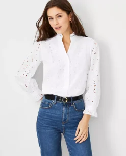 Eyelet Ruffle Button Top
