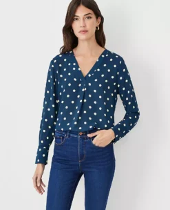 Dotted Mixed Media Pleat Front Top