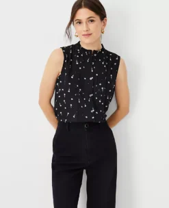 Floral Pintucked Mixed Media Shell