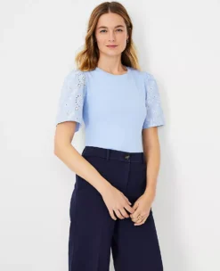 Eyelet Embroidered Sleeve Tee -Ann Taylor Store 607066 4169 ALT2