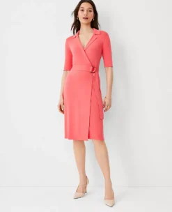 Elegant Belted Lapel Sweater Dress - Professional Knee Length Workwear