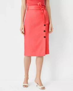 Button Wrap Tie Waist Pencil Skirt - Elegant Linen Blend Midi