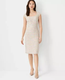 Gingham Tweed Scoop Neck Sheath Dress