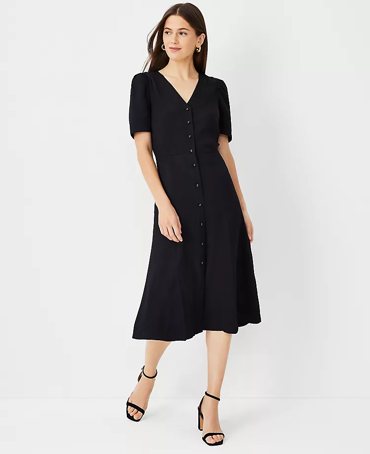 Twill Puff Sleeve Midi Dress 1 Twill Puff Sleeve Midi Dress