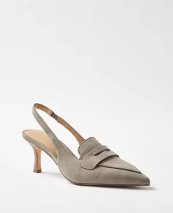 Suede Penny Loafer Slingback Pumps - Pointy Toe Mid Heel Shoes