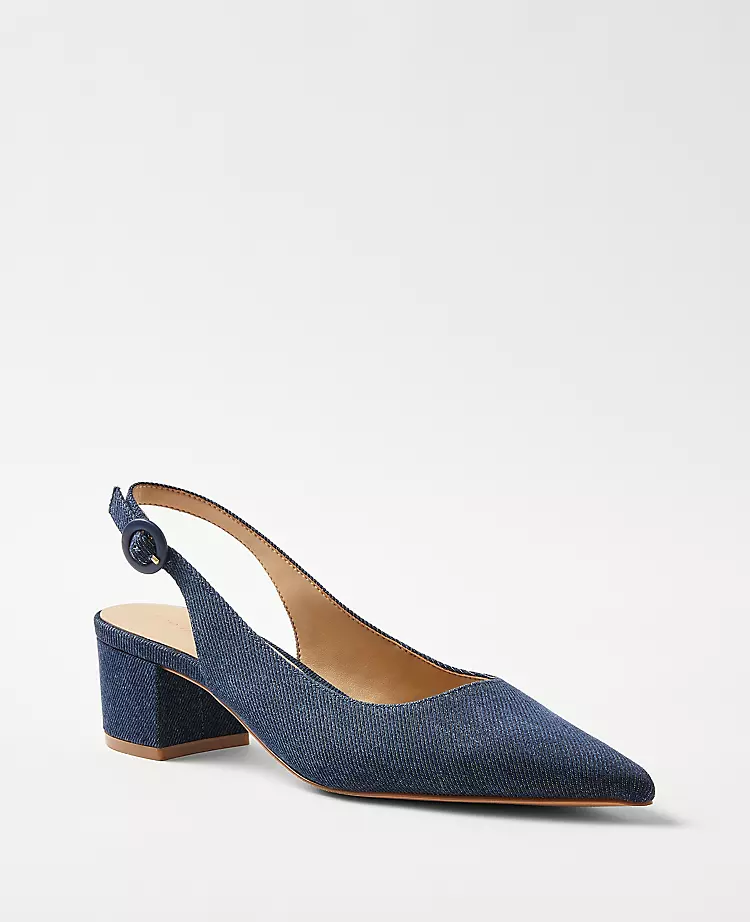 Chic Denim Block Heel Slingback Pumps with Pointy Toe 1 Chic Denim Block Heel Slingback Pumps with Pointy Toe