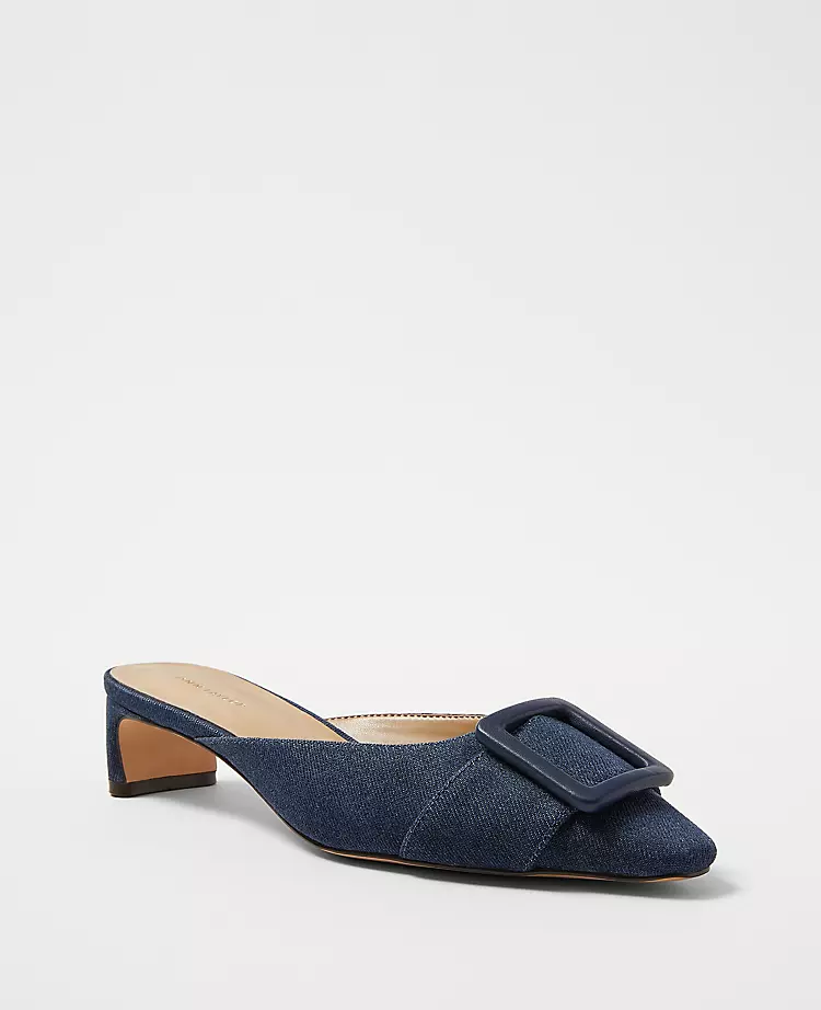 Denim Buckle Mule Pumps - Low Heel Pointed Toe Comfort Shoes 1 Denim Buckle Mule Pumps - Low Heel Pointed Toe Comfort Shoes