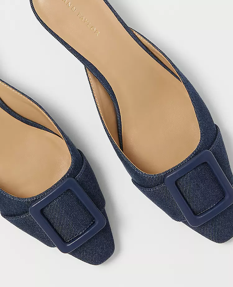 Denim Buckle Mule Pumps - Low Heel Pointed Toe Comfort Shoes 2 Denim Buckle Mule Pumps - Low Heel Pointed Toe Comfort Shoes - Image 2