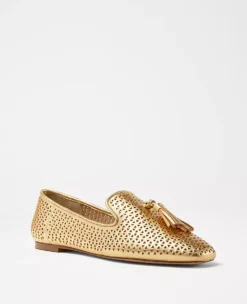 Perforated Metallic Leather Tassel Loafer Flats with Padded Footbed