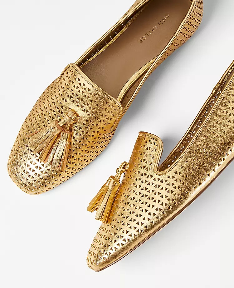 Perforated Metallic Leather Tassel Loafer Flats with Padded Footbed 2 Perforated Metallic Leather Tassel Loafer Flats with Padded Footbed - Image 2