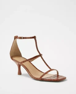 Embossed Leather Three Strap Sandals - Elegant Strappy Heels