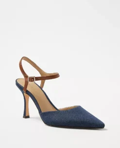 Dark Denim Two-Piece Pointy Toe Pumps with Adjustable Ankle Strap