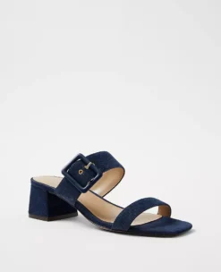 Denim Two Strap Buckle Sandals with 1.75" Block Heel